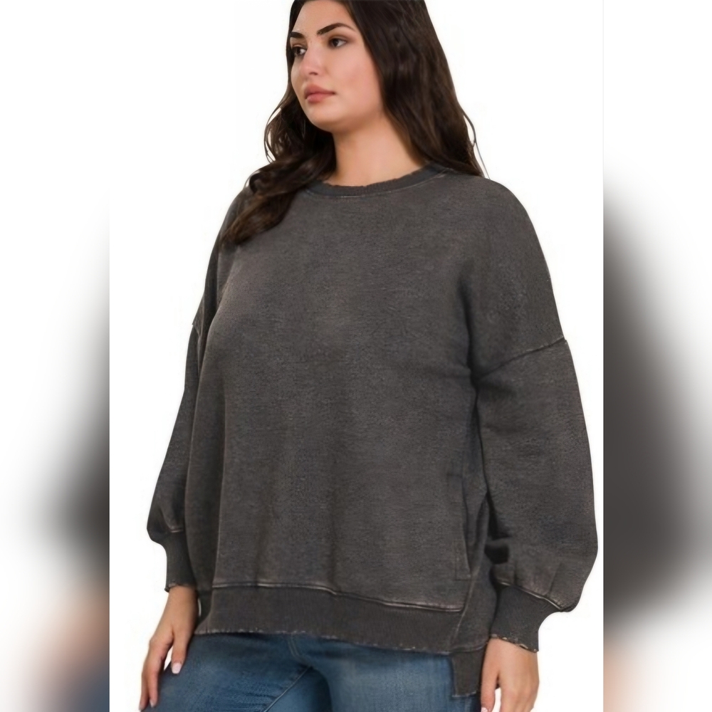 Plus Black ACID WASH FLEECE HI-LOW HEM PULLOVER